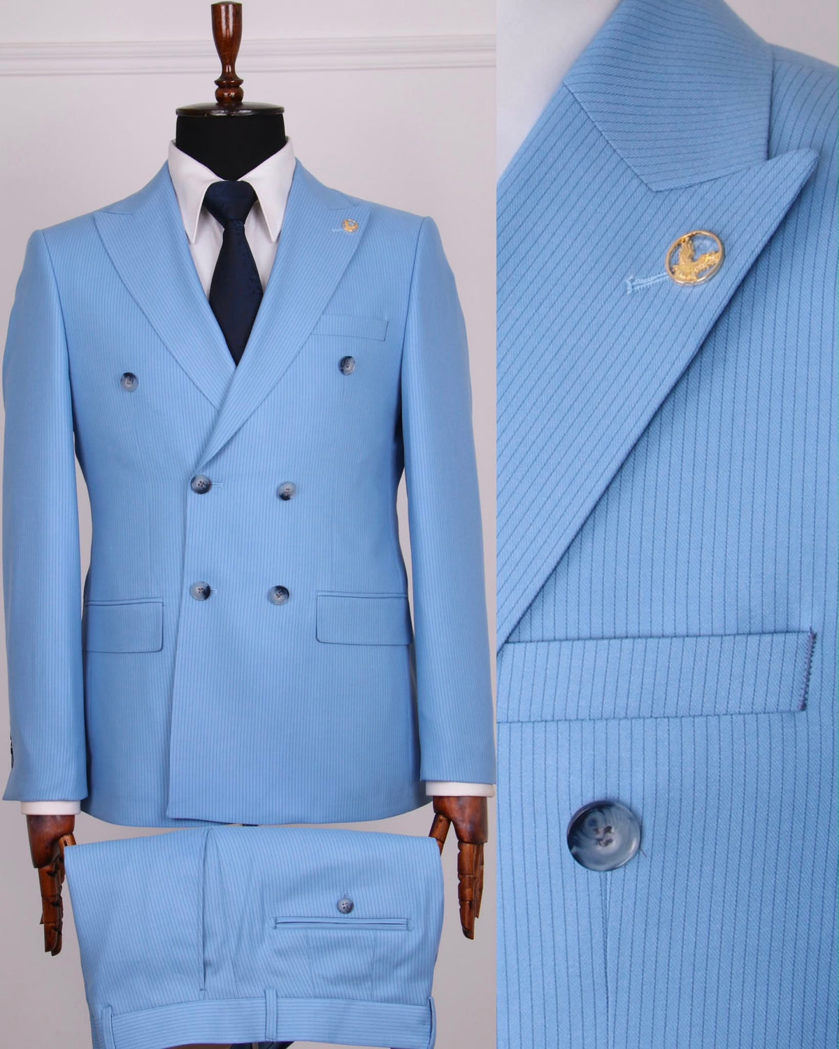 Men's light blue double-breasted pinstripe suit