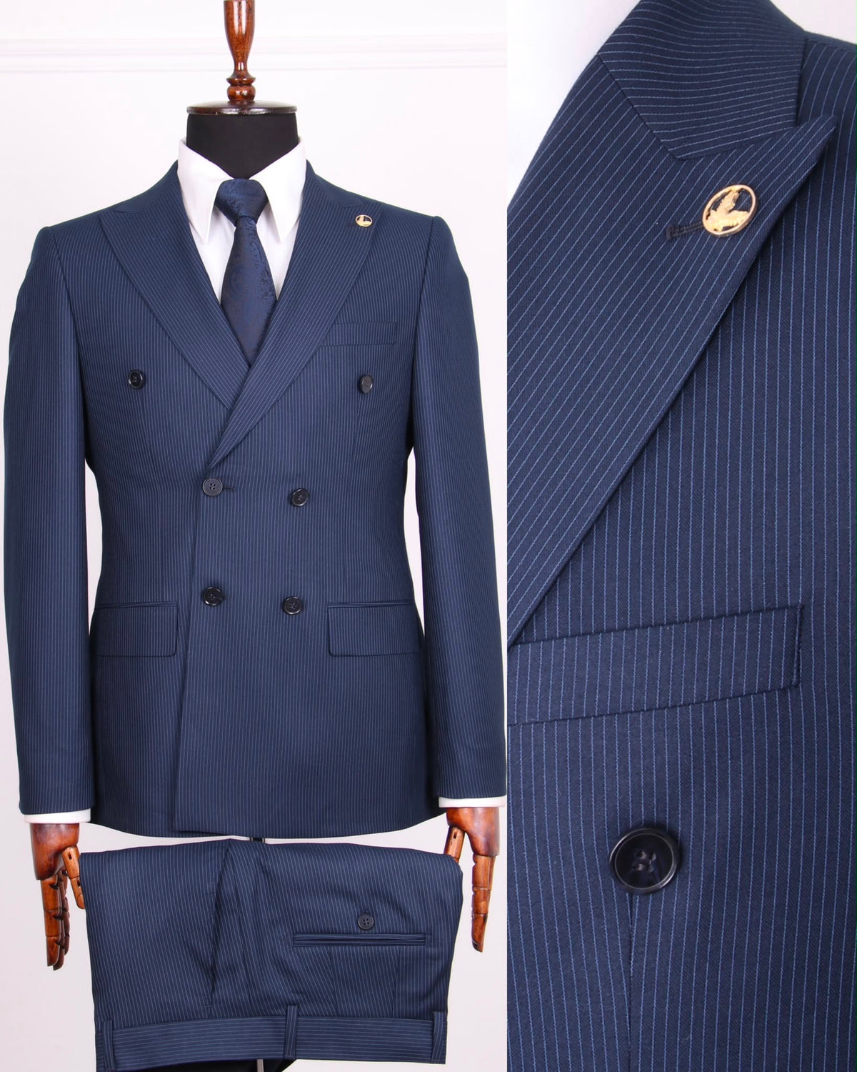 Men's navy blue double-breasted pinstripe suit