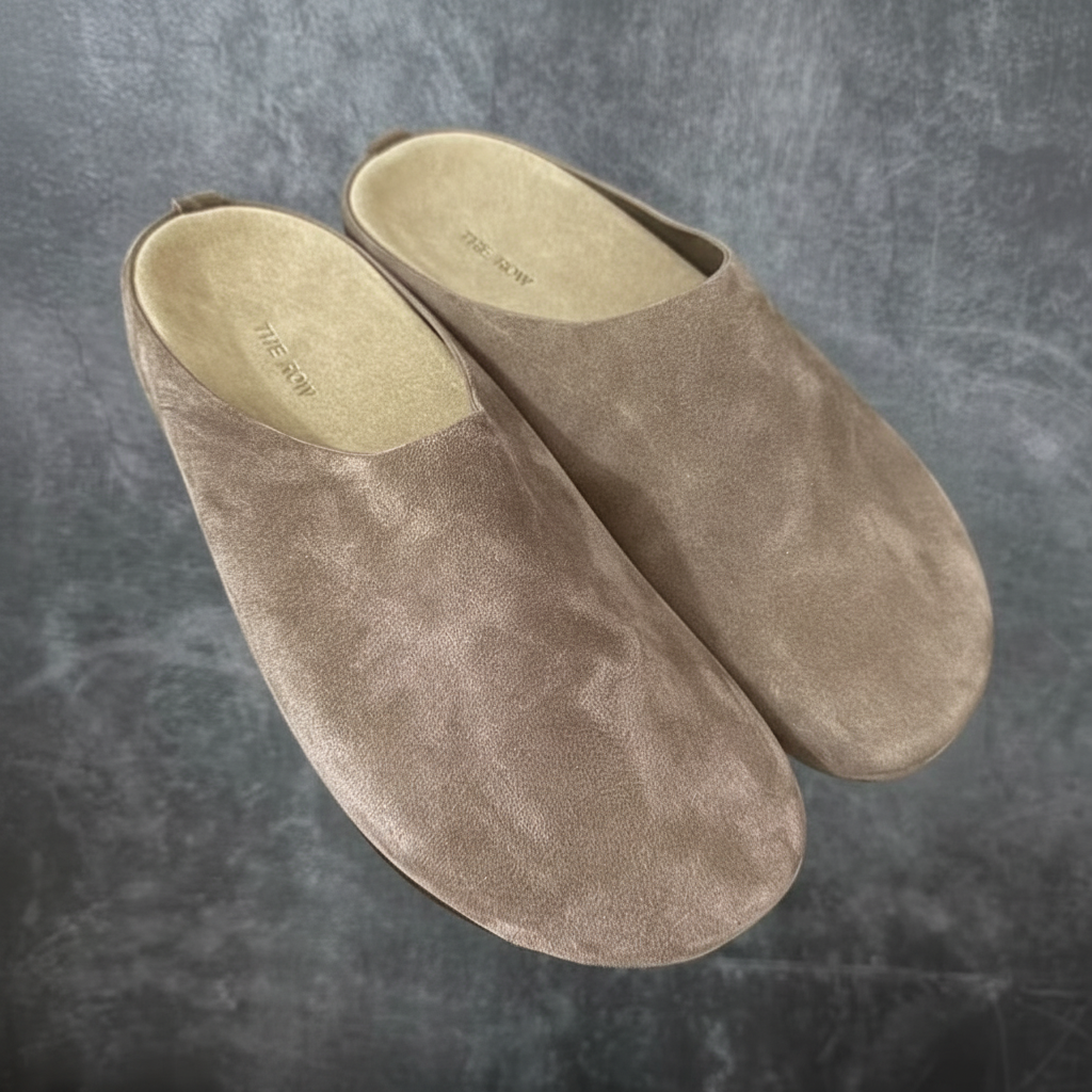 Suede slip-on slippers in taupe