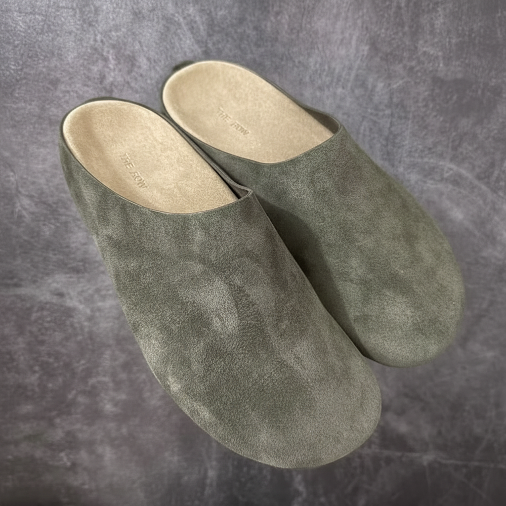 Suede slip-on slippers in olive green